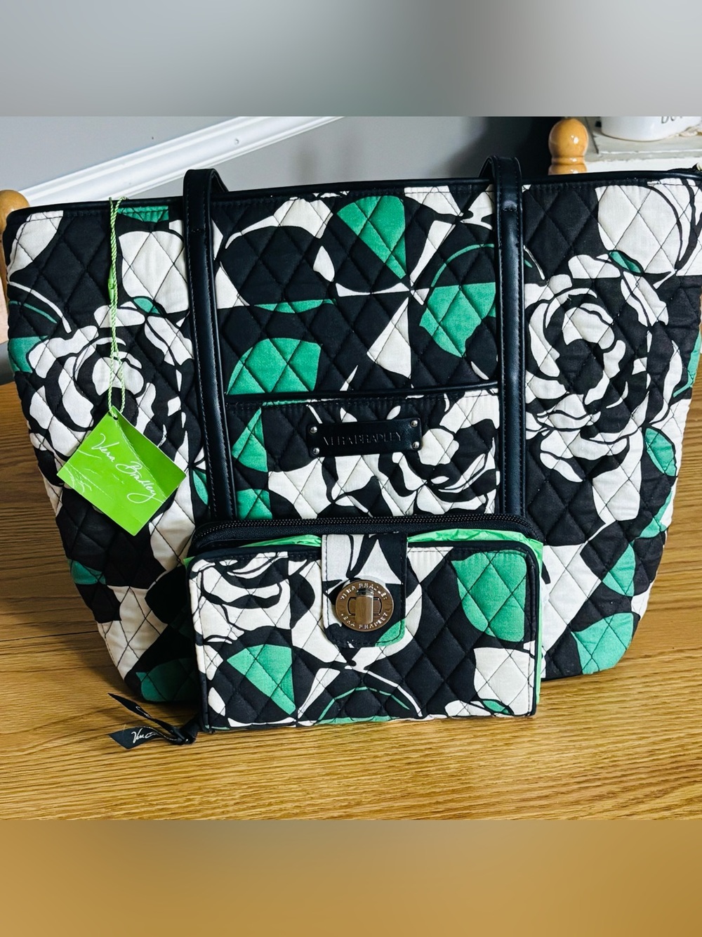 Vera Bradley Black, White & Teal Quilted Tote with Matching Wallet